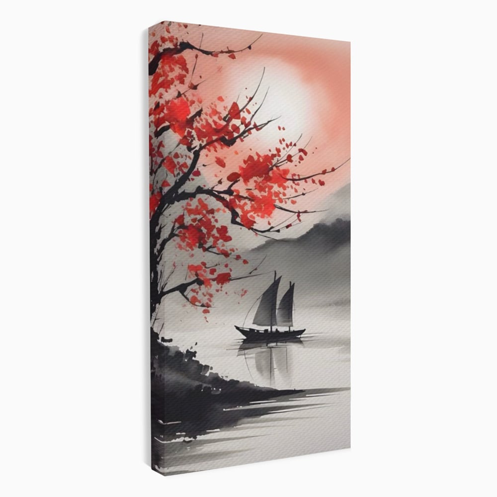 Leinwand Wandkunst Leinwand Wandkunst LuxCanva® A1444, Moonlight Walk , Wohnzimmer, Boot, Baum, Rote Blumen, Dekorativ, Schlafzimmer, Lebendige Farben