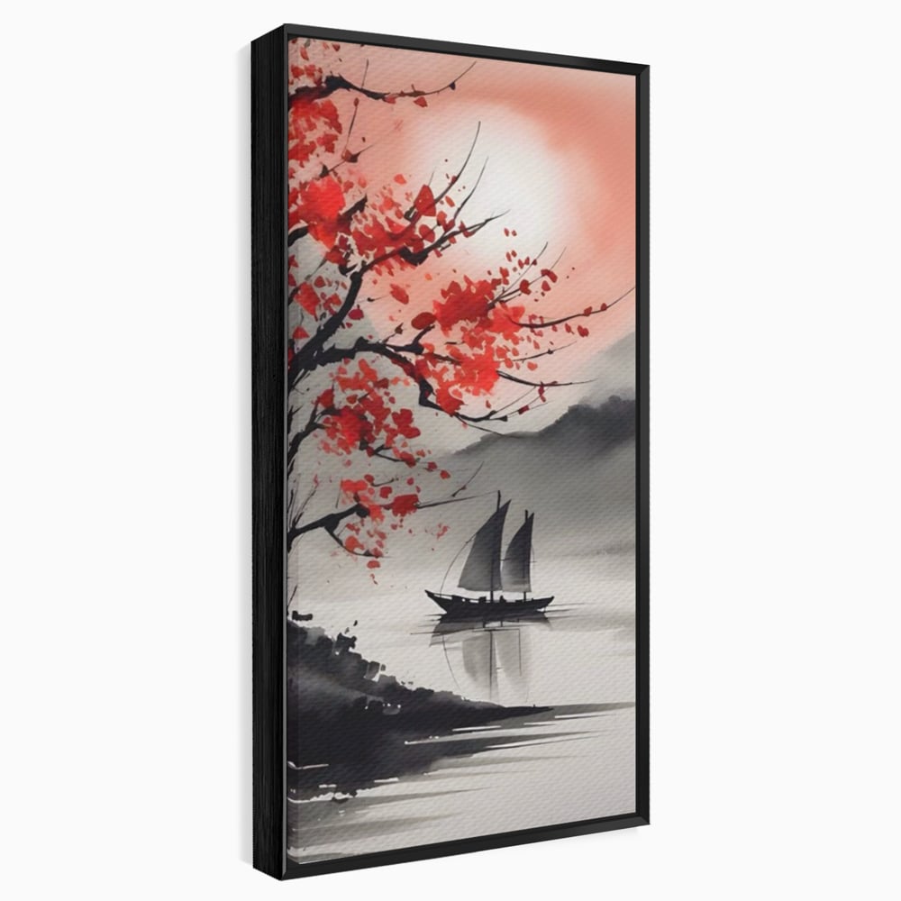 Leinwand Wandkunst Leinwand Wandkunst LuxCanva® A1444, Moonlight Walk , Wohnzimmer, Boot, Baum, Rote Blumen, Dekorativ, Schlafzimmer, Lebendige Farben