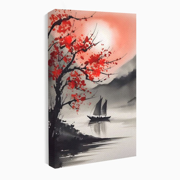 Leinwand Wandkunst Leinwand Wandkunst LuxCanva® A1444, Moonlight Walk , Wohnzimmer, Boot, Baum, Rote Blumen, Dekorativ, Schlafzimmer, Lebendige Farben