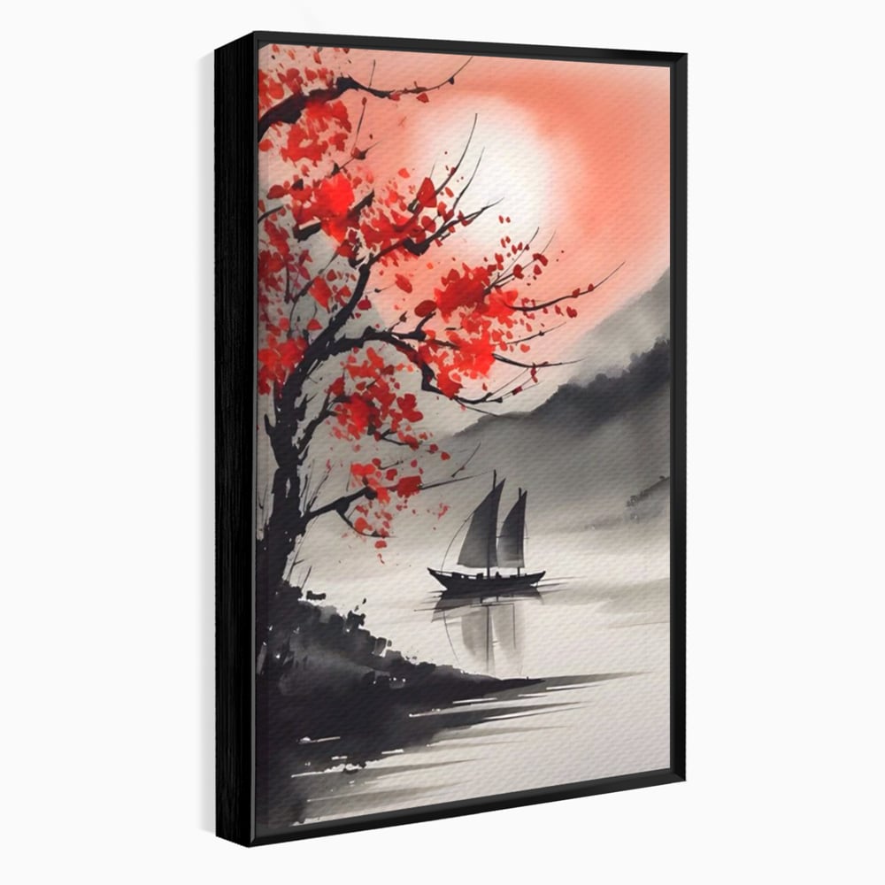 Leinwand Wandkunst Leinwand Wandkunst LuxCanva® A1444, Moonlight Walk , Wohnzimmer, Boot, Baum, Rote Blumen, Dekorativ, Schlafzimmer, Lebendige Farben