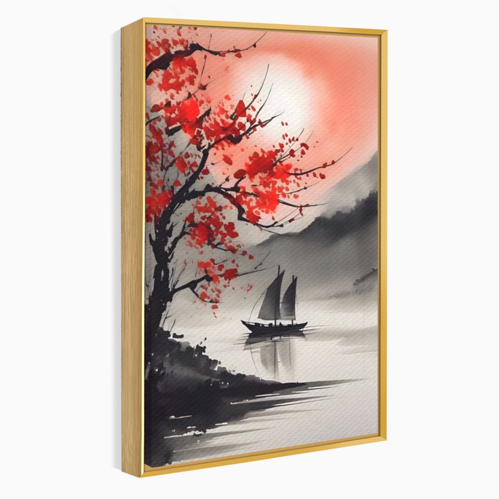 Leinwand Wandkunst Leinwand Wandkunst LuxCanva® A1444, Moonlight Walk , Wohnzimmer, Boot, Baum, Rote Blumen, Dekorativ, Schlafzimmer, Lebendige Farben