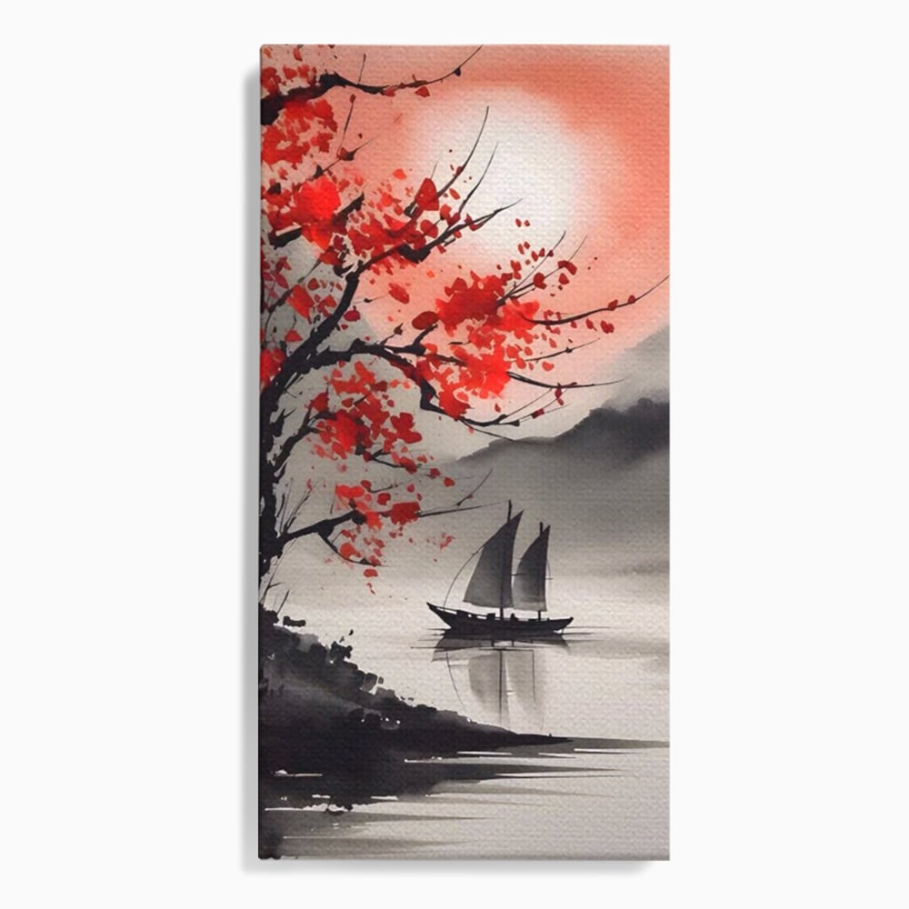 Leinwand Wandkunst Leinwand Wandkunst LuxCanva® A1444, Moonlight Walk , Wohnzimmer, Boot, Baum, Rote Blumen, Dekorativ, Schlafzimmer, Lebendige Farben
