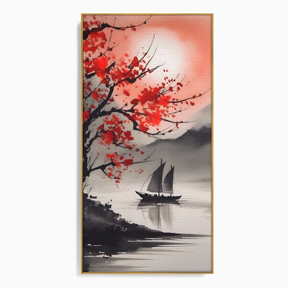 Leinwand Wandkunst Leinwand Wandkunst LuxCanva® A1444, Moonlight Walk , Wohnzimmer, Boot, Baum, Rote Blumen, Dekorativ, Schlafzimmer, Lebendige Farben