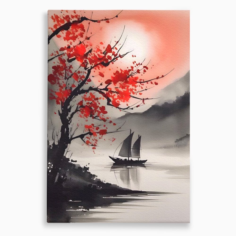 Leinwand Wandkunst Leinwand Wandkunst LuxCanva® A1444, Moonlight Walk , Wohnzimmer, Boot, Baum, Rote Blumen, Dekorativ, Schlafzimmer, Lebendige Farben