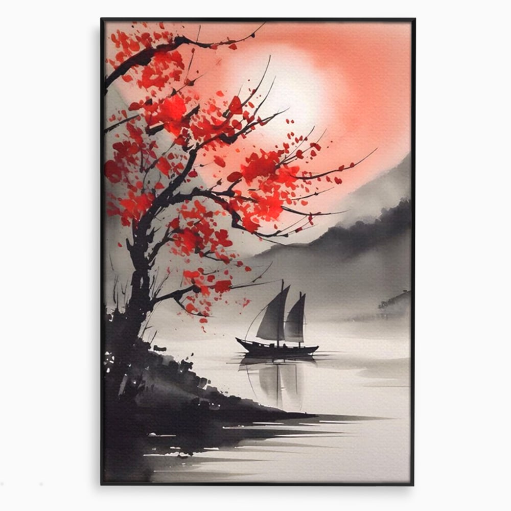 Leinwand Wandkunst Leinwand Wandkunst LuxCanva® A1444, Moonlight Walk , Wohnzimmer, Boot, Baum, Rote Blumen, Dekorativ, Schlafzimmer, Lebendige Farben