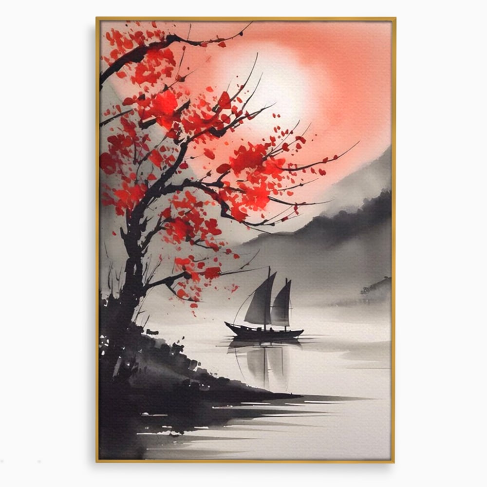 Leinwand Wandkunst Leinwand Wandkunst LuxCanva® A1444, Moonlight Walk , Wohnzimmer, Boot, Baum, Rote Blumen, Dekorativ, Schlafzimmer, Lebendige Farben