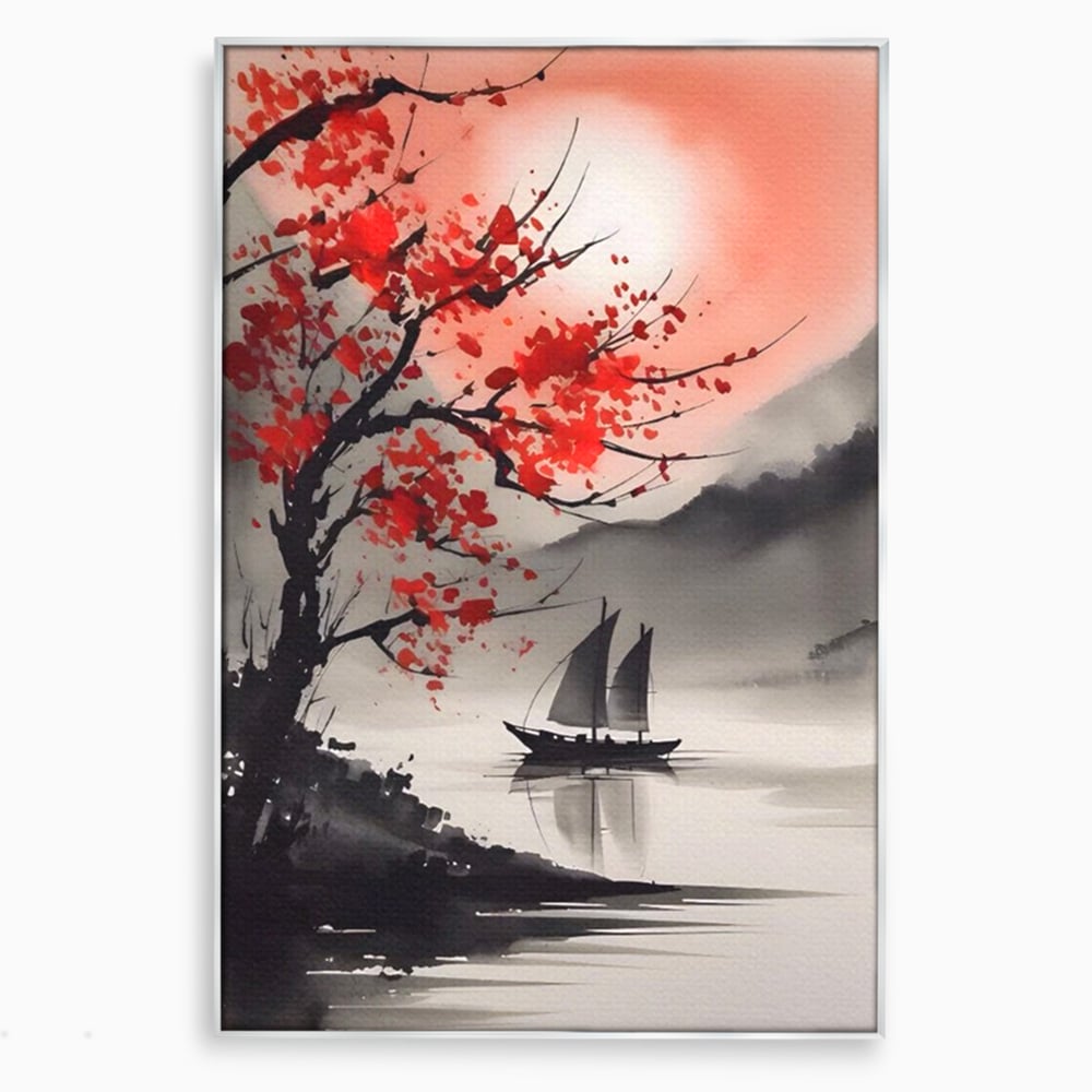Leinwand Wandkunst Leinwand Wandkunst LuxCanva® A1444, Moonlight Walk , Wohnzimmer, Boot, Baum, Rote Blumen, Dekorativ, Schlafzimmer, Lebendige Farben