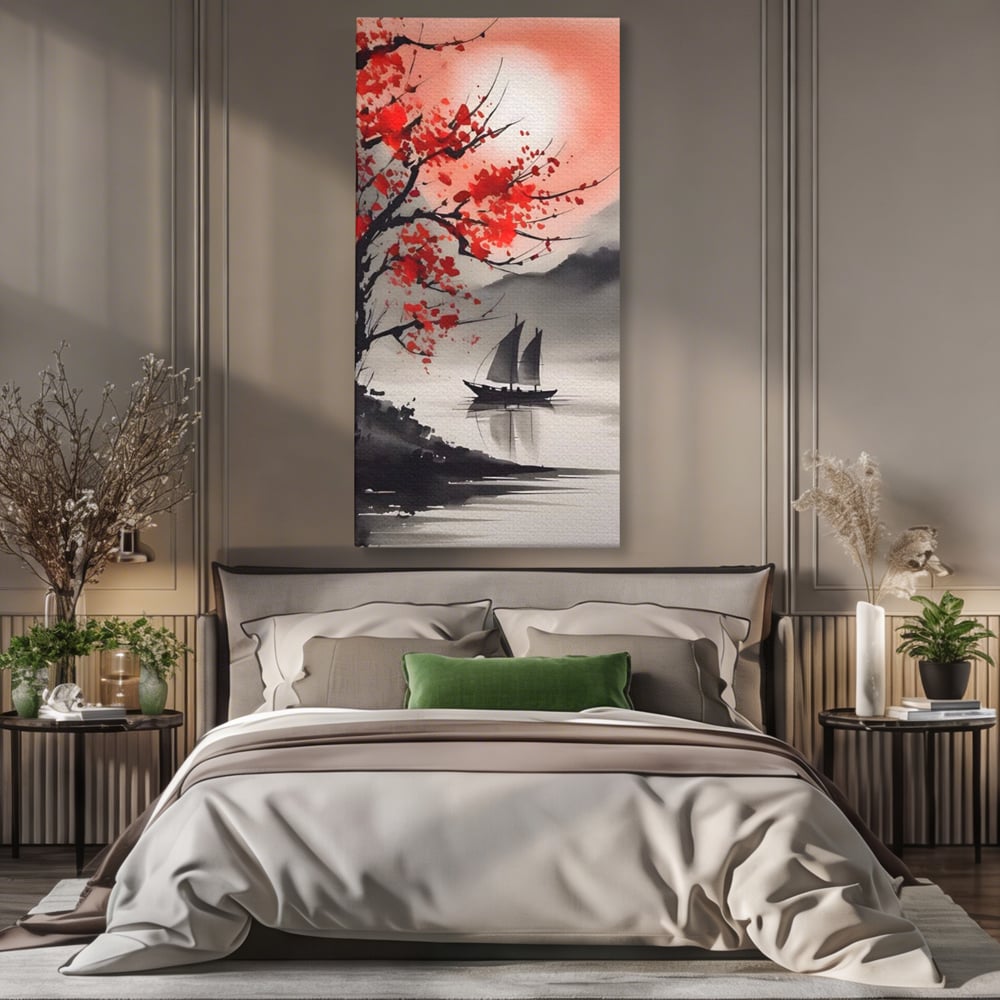 Leinwand Wandkunst Leinwand Wandkunst LuxCanva® A1444, Moonlight Walk , Wohnzimmer, Boot, Baum, Rote Blumen, Dekorativ, Schlafzimmer, Lebendige Farben