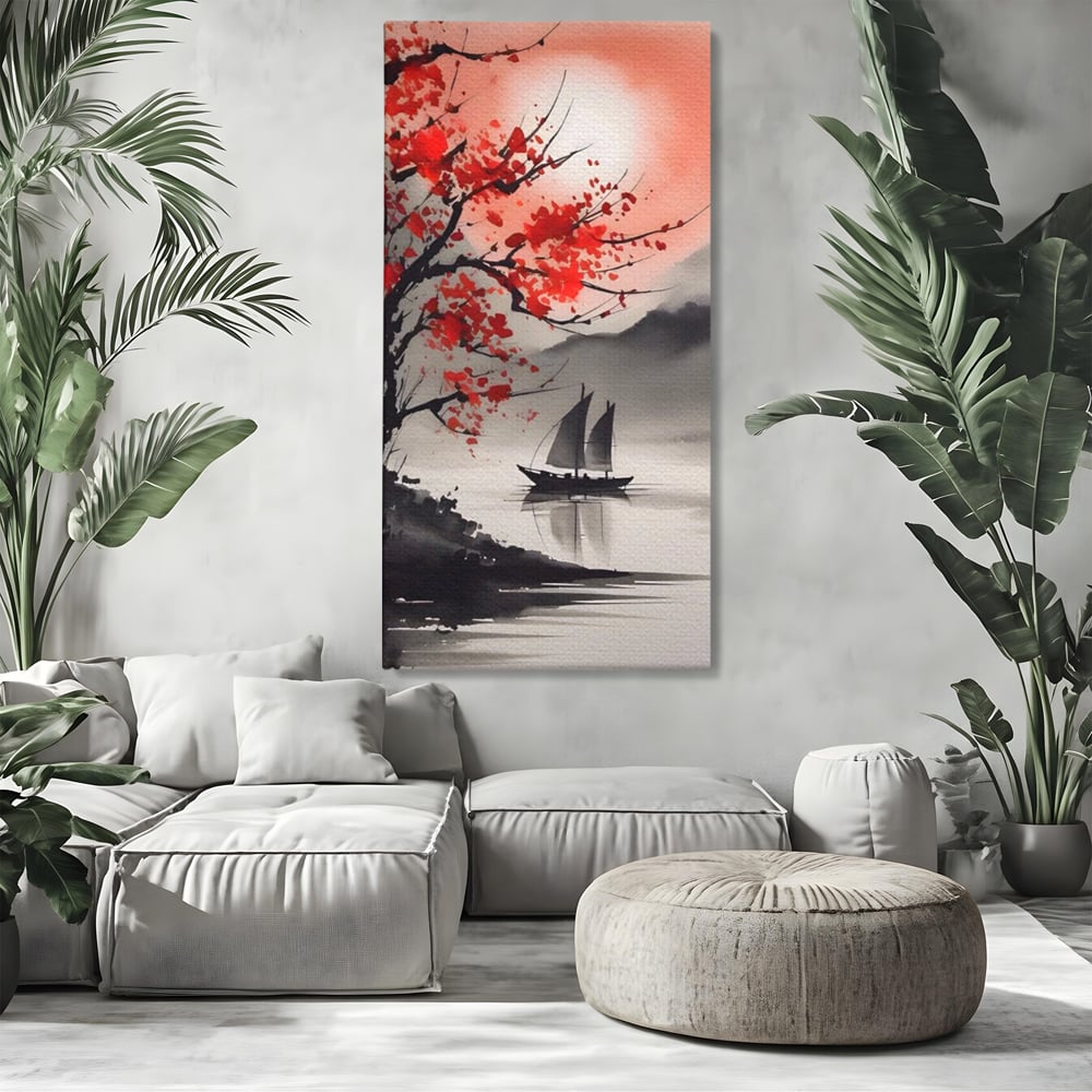 Leinwand Wandkunst Leinwand Wandkunst LuxCanva® A1444, Moonlight Walk , Wohnzimmer, Boot, Baum, Rote Blumen, Dekorativ, Schlafzimmer, Lebendige Farben
