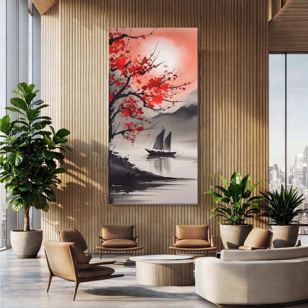 Leinwand Wandkunst Leinwand Wandkunst LuxCanva® A1444, Moonlight Walk , Wohnzimmer, Boot, Baum, Rote Blumen, Dekorativ, Schlafzimmer, Lebendige Farben
