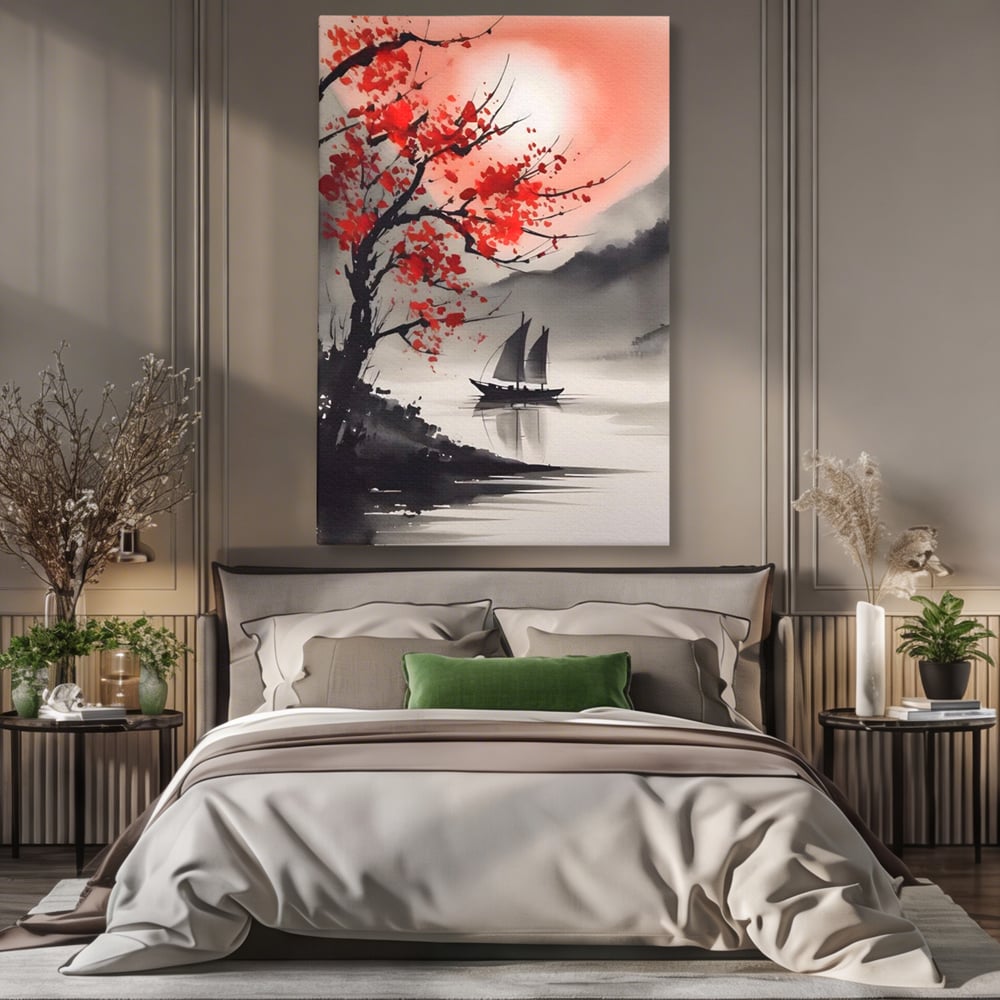 Leinwand Wandkunst Leinwand Wandkunst LuxCanva® A1444, Moonlight Walk , Wohnzimmer, Boot, Baum, Rote Blumen, Dekorativ, Schlafzimmer, Lebendige Farben