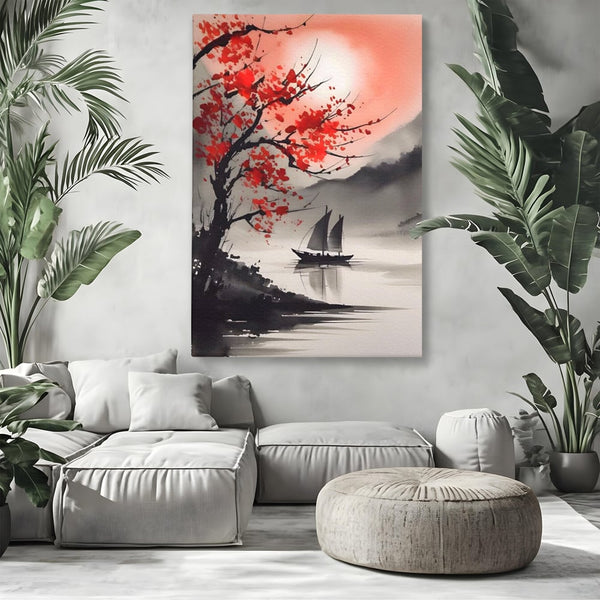 Leinwand Wandkunst Leinwand Wandkunst LuxCanva® A1444, Moonlight Walk , Wohnzimmer, Boot, Baum, Rote Blumen, Dekorativ, Schlafzimmer, Lebendige Farben