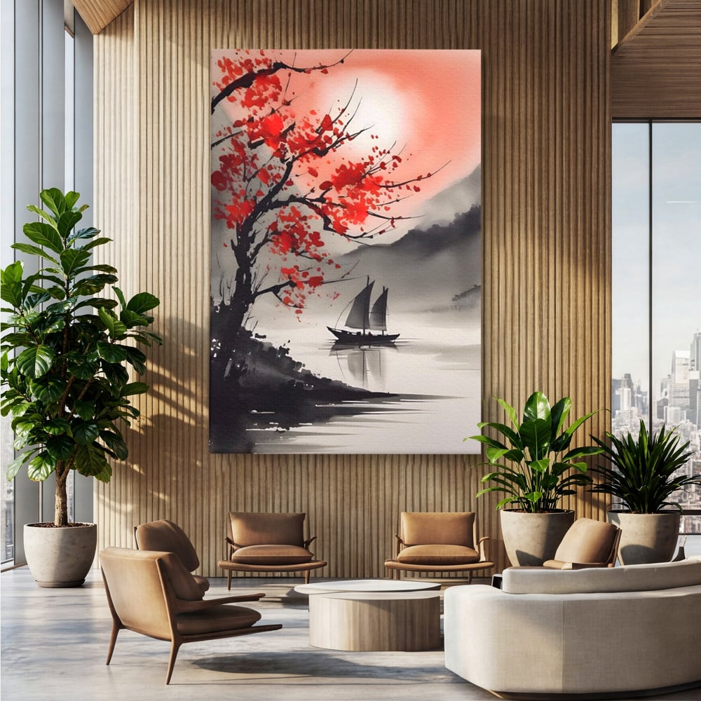 Leinwand Wandkunst Leinwand Wandkunst LuxCanva® A1444, Moonlight Walk , Wohnzimmer, Boot, Baum, Rote Blumen, Dekorativ, Schlafzimmer, Lebendige Farben