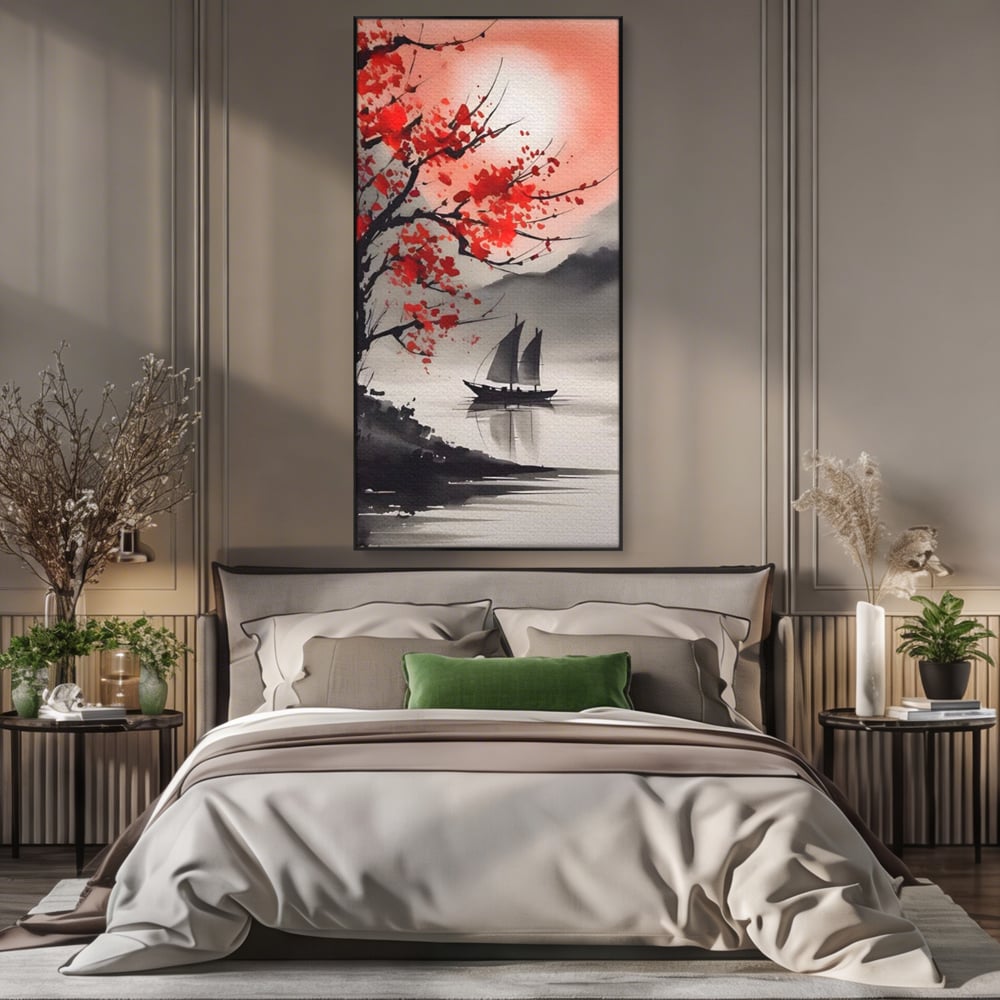 Leinwand Wandkunst Leinwand Wandkunst LuxCanva® A1444, Moonlight Walk , Wohnzimmer, Boot, Baum, Rote Blumen, Dekorativ, Schlafzimmer, Lebendige Farben