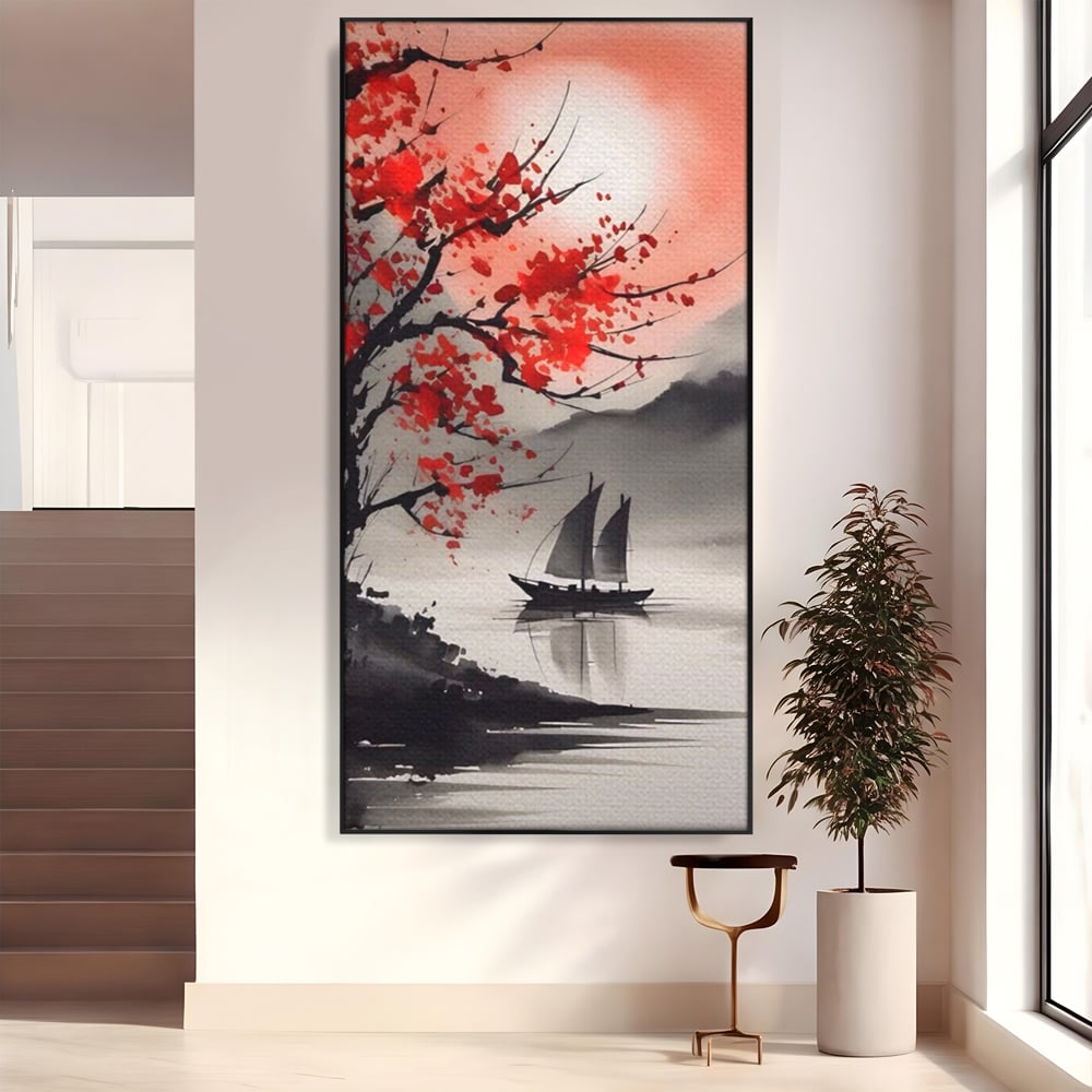 Leinwand Wandkunst Leinwand Wandkunst LuxCanva® A1444, Moonlight Walk , Wohnzimmer, Boot, Baum, Rote Blumen, Dekorativ, Schlafzimmer, Lebendige Farben