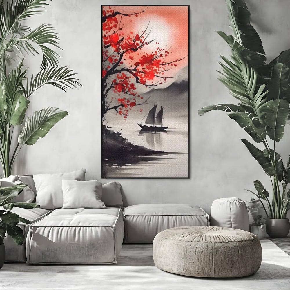 Leinwand Wandkunst Leinwand Wandkunst LuxCanva® A1444, Moonlight Walk , Wohnzimmer, Boot, Baum, Rote Blumen, Dekorativ, Schlafzimmer, Lebendige Farben