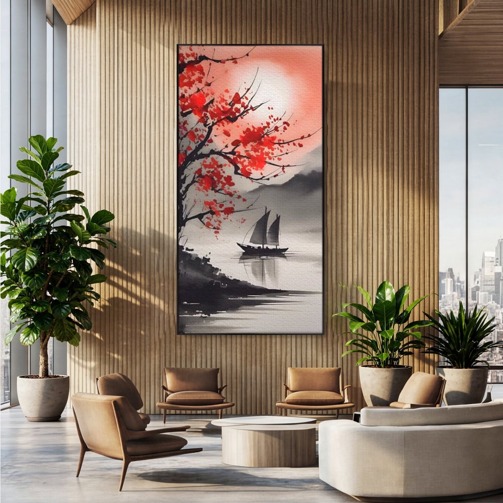 Leinwand Wandkunst Leinwand Wandkunst LuxCanva® A1444, Moonlight Walk , Wohnzimmer, Boot, Baum, Rote Blumen, Dekorativ, Schlafzimmer, Lebendige Farben