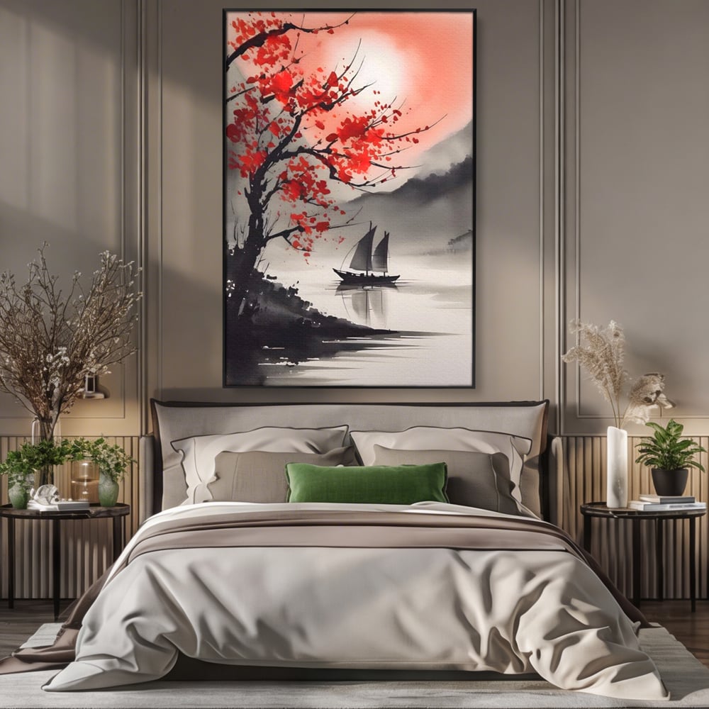 Leinwand Wandkunst Leinwand Wandkunst LuxCanva® A1444, Moonlight Walk , Wohnzimmer, Boot, Baum, Rote Blumen, Dekorativ, Schlafzimmer, Lebendige Farben