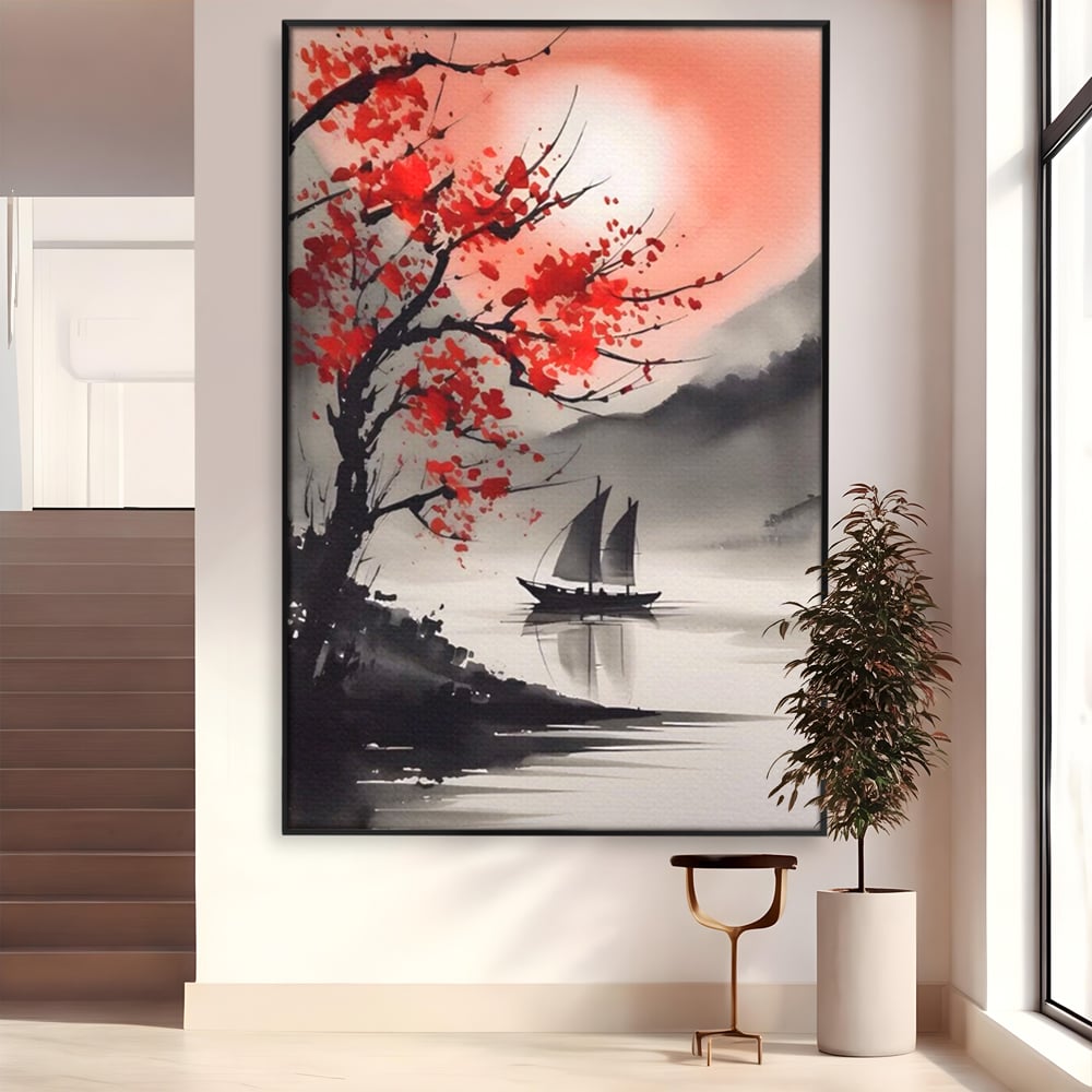 Leinwand Wandkunst Leinwand Wandkunst LuxCanva® A1444, Moonlight Walk , Wohnzimmer, Boot, Baum, Rote Blumen, Dekorativ, Schlafzimmer, Lebendige Farben