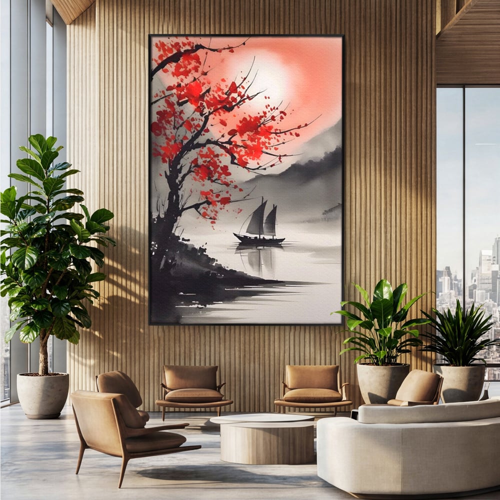 Leinwand Wandkunst Leinwand Wandkunst LuxCanva® A1444, Moonlight Walk , Wohnzimmer, Boot, Baum, Rote Blumen, Dekorativ, Schlafzimmer, Lebendige Farben