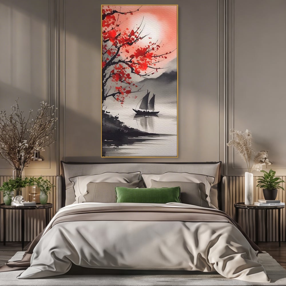 Leinwand Wandkunst Leinwand Wandkunst LuxCanva® A1444, Moonlight Walk , Wohnzimmer, Boot, Baum, Rote Blumen, Dekorativ, Schlafzimmer, Lebendige Farben