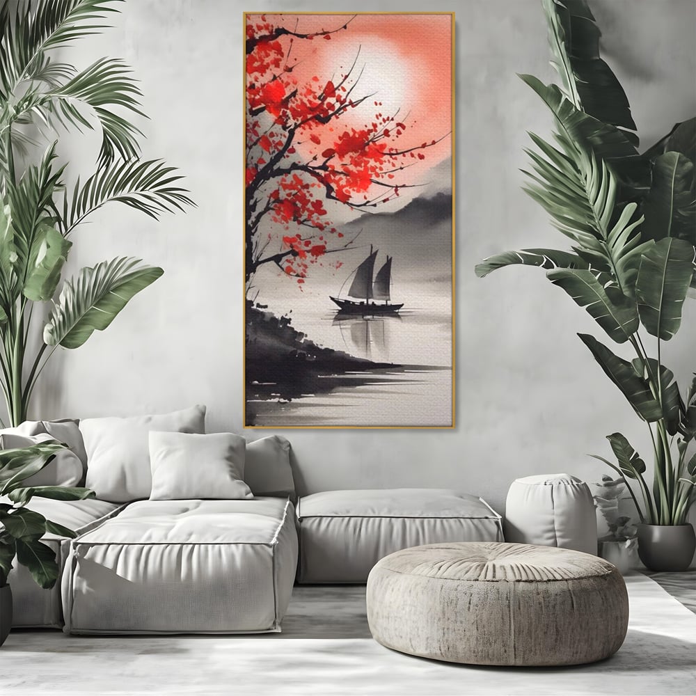 Leinwand Wandkunst Leinwand Wandkunst LuxCanva® A1444, Moonlight Walk , Wohnzimmer, Boot, Baum, Rote Blumen, Dekorativ, Schlafzimmer, Lebendige Farben