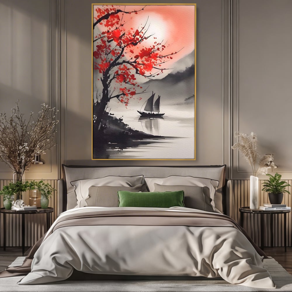 Leinwand Wandkunst Leinwand Wandkunst LuxCanva® A1444, Moonlight Walk , Wohnzimmer, Boot, Baum, Rote Blumen, Dekorativ, Schlafzimmer, Lebendige Farben