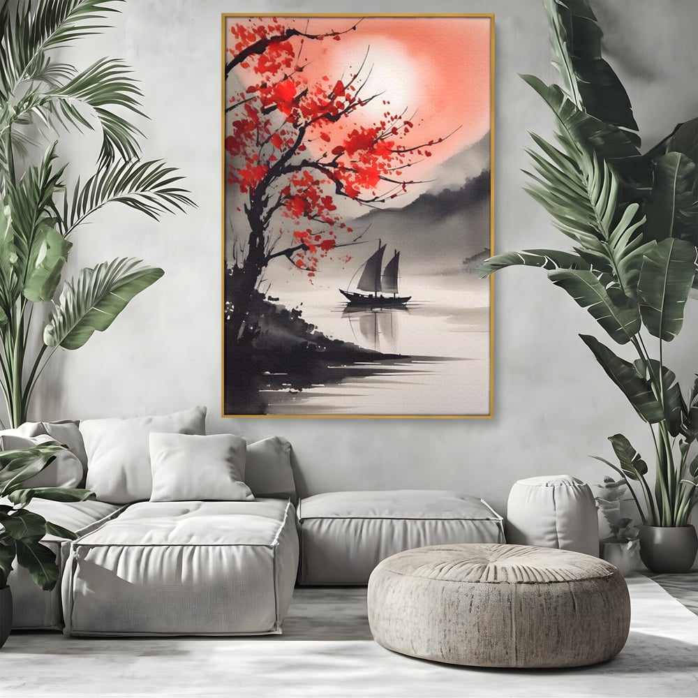 Leinwand Wandkunst Leinwand Wandkunst LuxCanva® A1444, Moonlight Walk , Wohnzimmer, Boot, Baum, Rote Blumen, Dekorativ, Schlafzimmer, Lebendige Farben