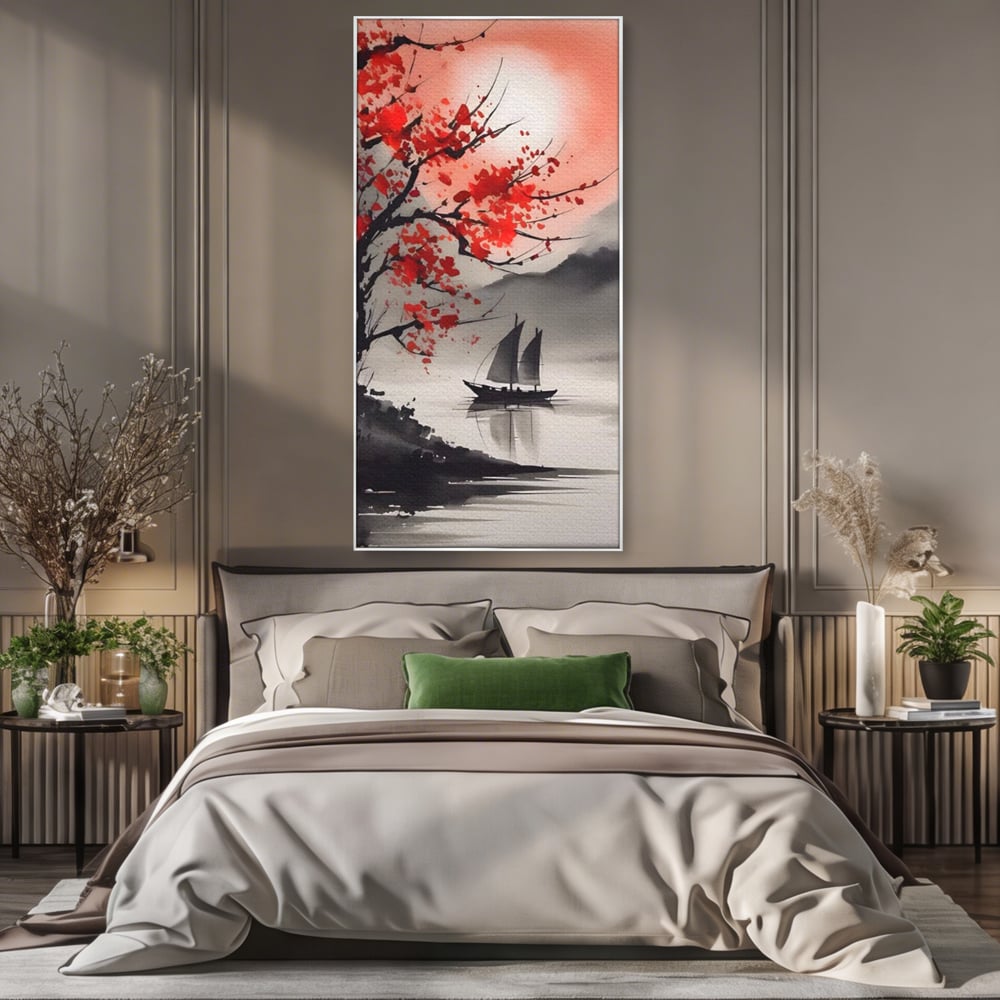 Leinwand Wandkunst Leinwand Wandkunst LuxCanva® A1444, Moonlight Walk , Wohnzimmer, Boot, Baum, Rote Blumen, Dekorativ, Schlafzimmer, Lebendige Farben