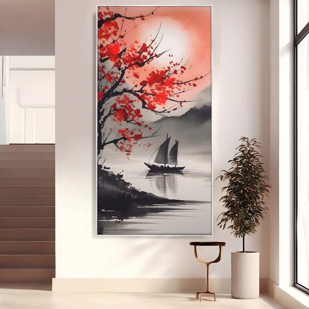 Leinwand Wandkunst Leinwand Wandkunst LuxCanva® A1444, Moonlight Walk , Wohnzimmer, Boot, Baum, Rote Blumen, Dekorativ, Schlafzimmer, Lebendige Farben