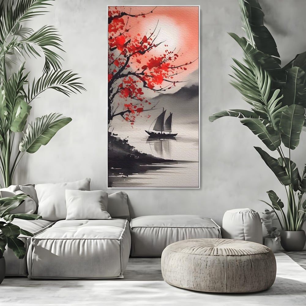 Leinwand Wandkunst Leinwand Wandkunst LuxCanva® A1444, Moonlight Walk , Wohnzimmer, Boot, Baum, Rote Blumen, Dekorativ, Schlafzimmer, Lebendige Farben