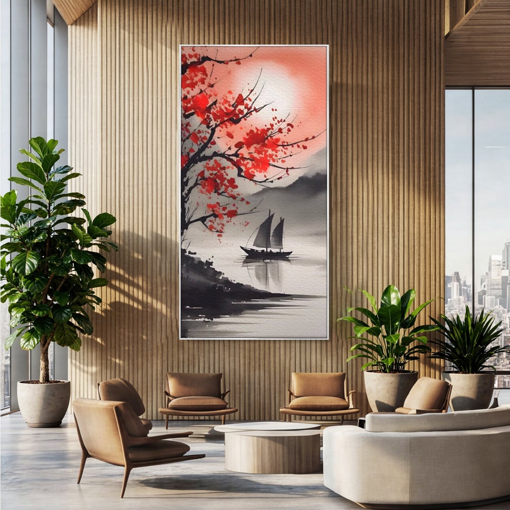 Leinwand Wandkunst Leinwand Wandkunst LuxCanva® A1444, Moonlight Walk , Wohnzimmer, Boot, Baum, Rote Blumen, Dekorativ, Schlafzimmer, Lebendige Farben