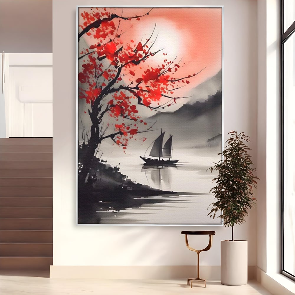 Leinwand Wandkunst Leinwand Wandkunst LuxCanva® A1444, Moonlight Walk , Wohnzimmer, Boot, Baum, Rote Blumen, Dekorativ, Schlafzimmer, Lebendige Farben