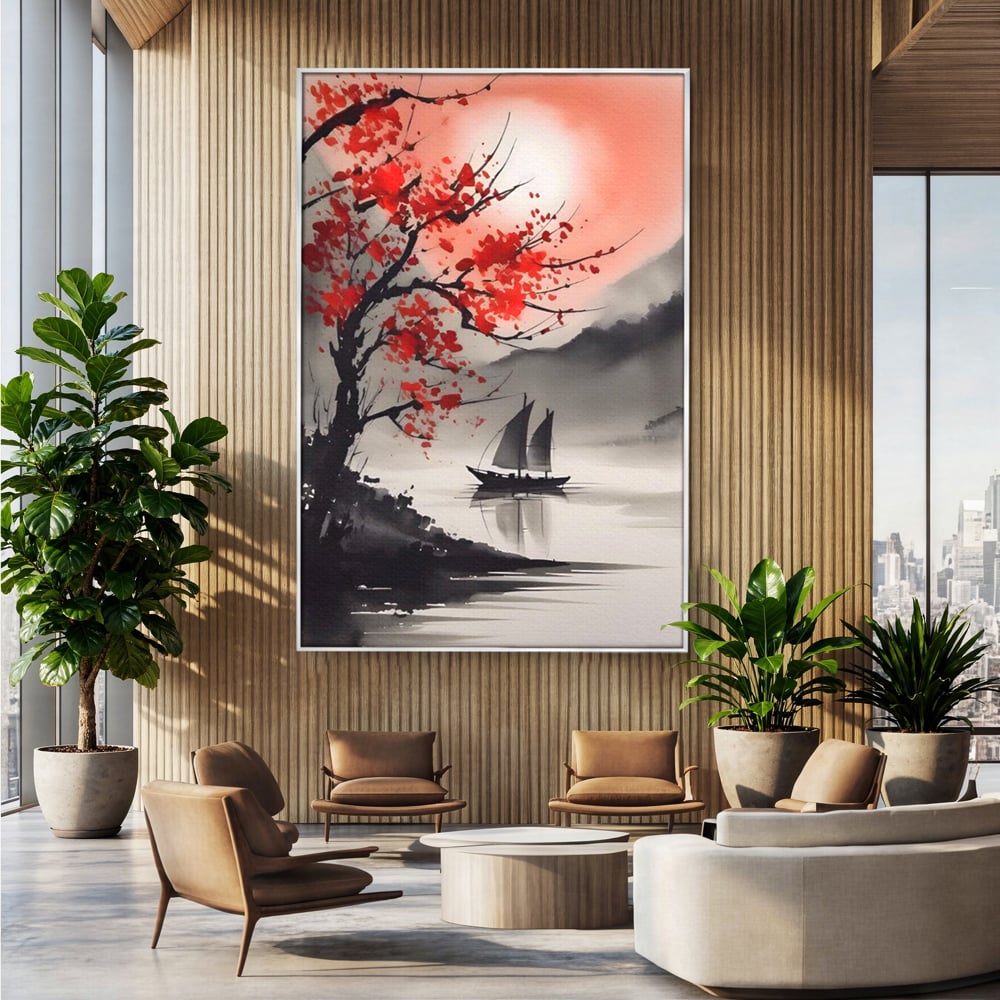 Leinwand Wandkunst Leinwand Wandkunst LuxCanva® A1444, Moonlight Walk , Wohnzimmer, Boot, Baum, Rote Blumen, Dekorativ, Schlafzimmer, Lebendige Farben