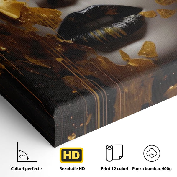 Tablou Canvas Premium LuxCanva® A1450, Privire Aurie , Decorativ, Living, Femeie, Gold, Foita De Aur, Culori Vibrante