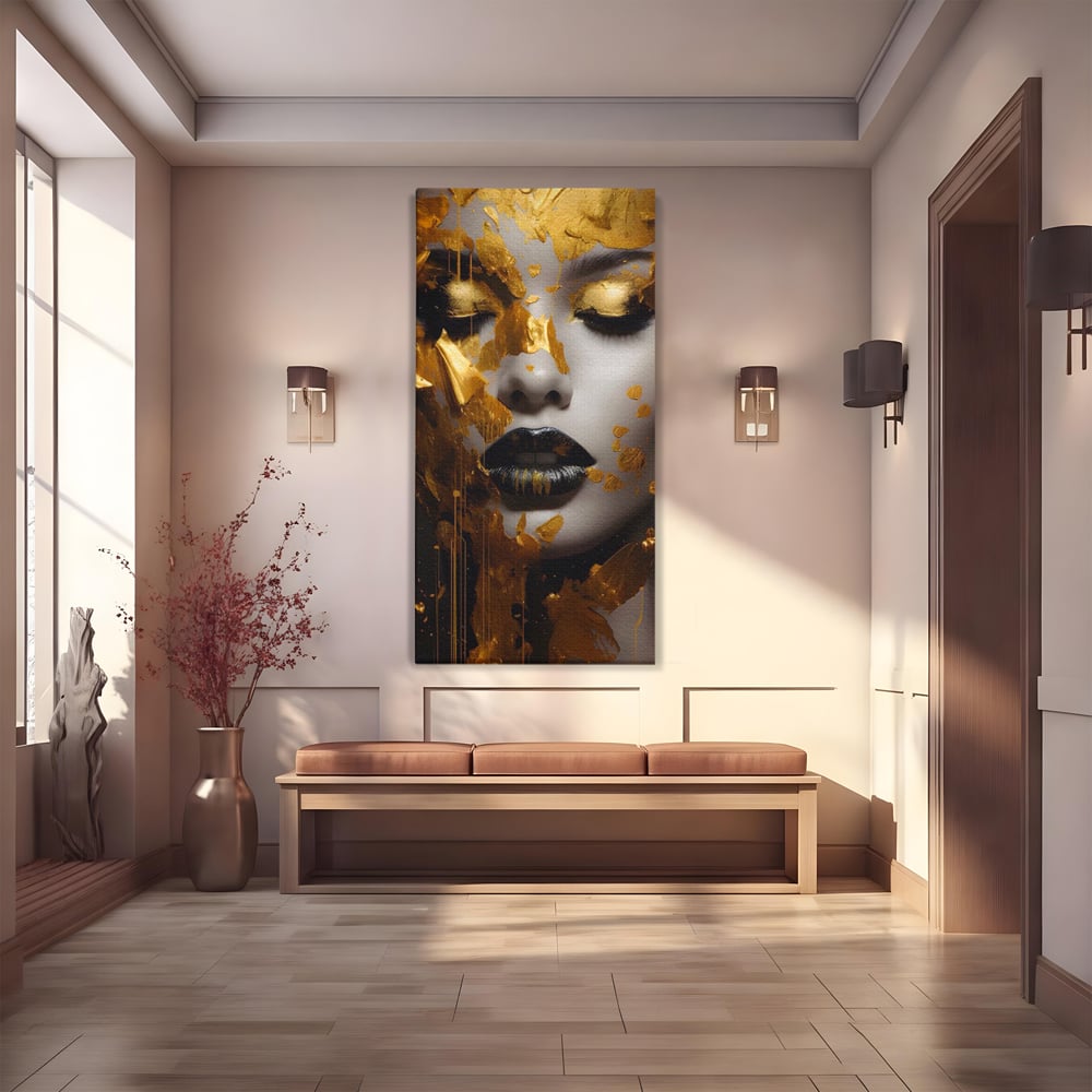 Tablou Canvas Premium LuxCanva® A1450, Privire Aurie , Decorativ, Living, Femeie, Gold, Foita De Aur, Culori Vibrante