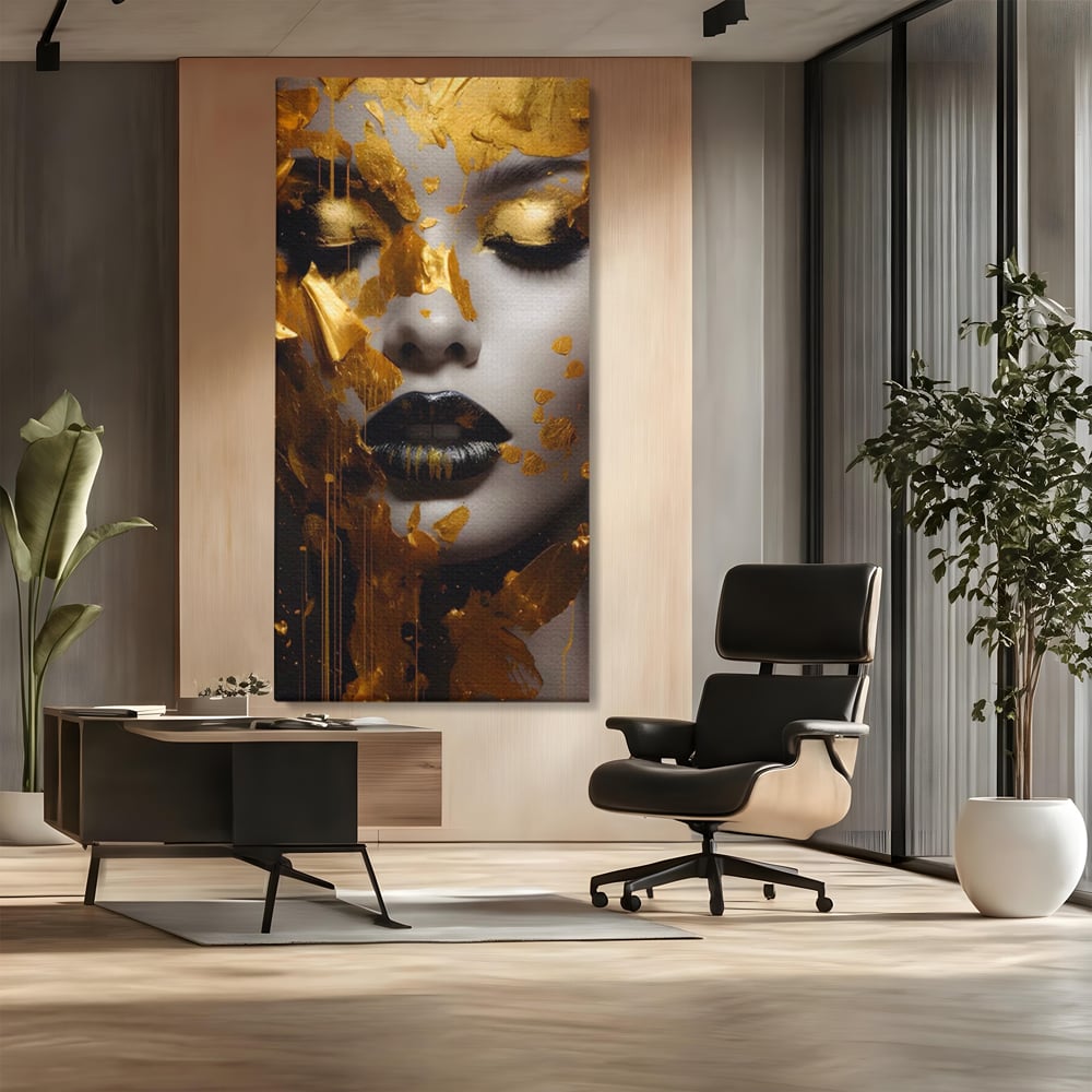 Tablou Canvas Premium LuxCanva® A1450, Privire Aurie , Decorativ, Living, Femeie, Gold, Foita De Aur, Culori Vibrante