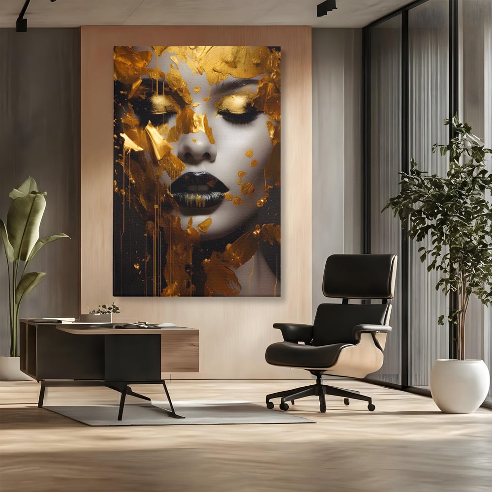 Tablou Canvas Premium LuxCanva® A1450, Privire Aurie , Decorativ, Living, Femeie, Gold, Foita De Aur, Culori Vibrante