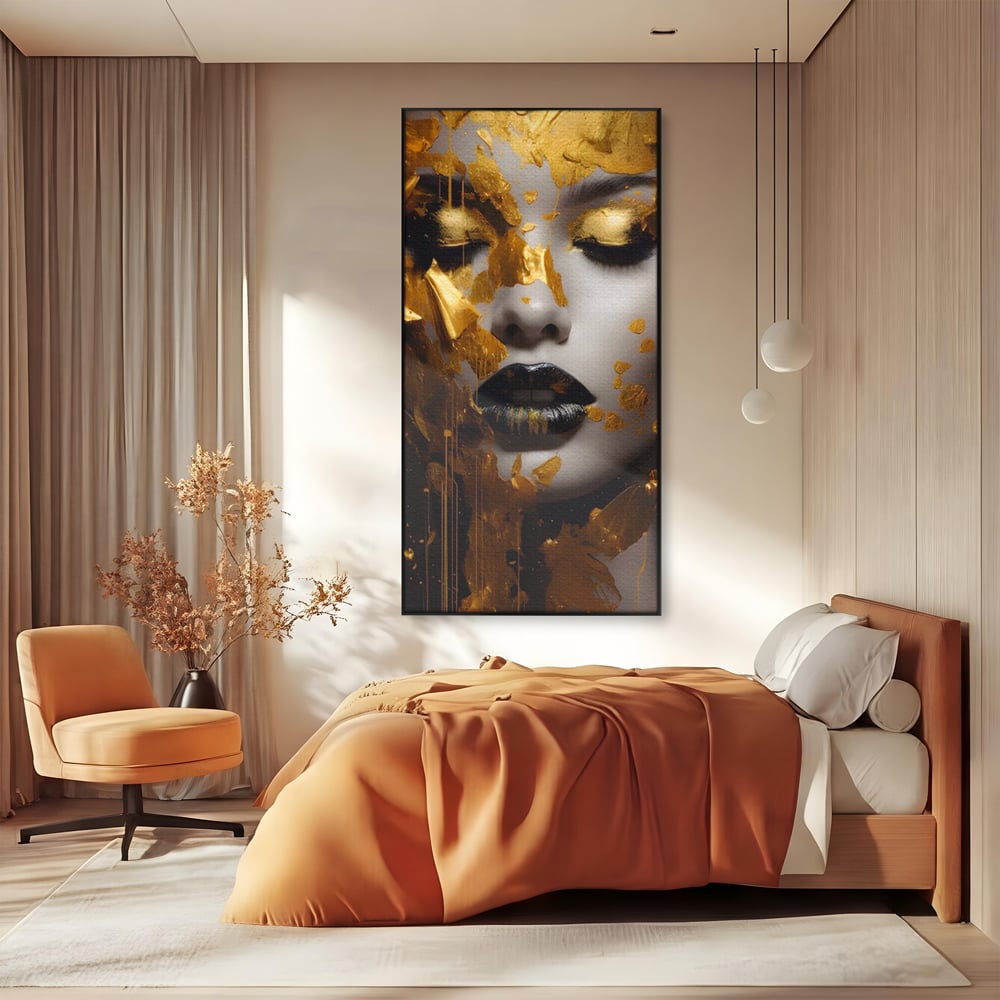 Tablou Canvas Premium LuxCanva® A1450, Privire Aurie , Decorativ, Living, Femeie, Gold, Foita De Aur, Culori Vibrante