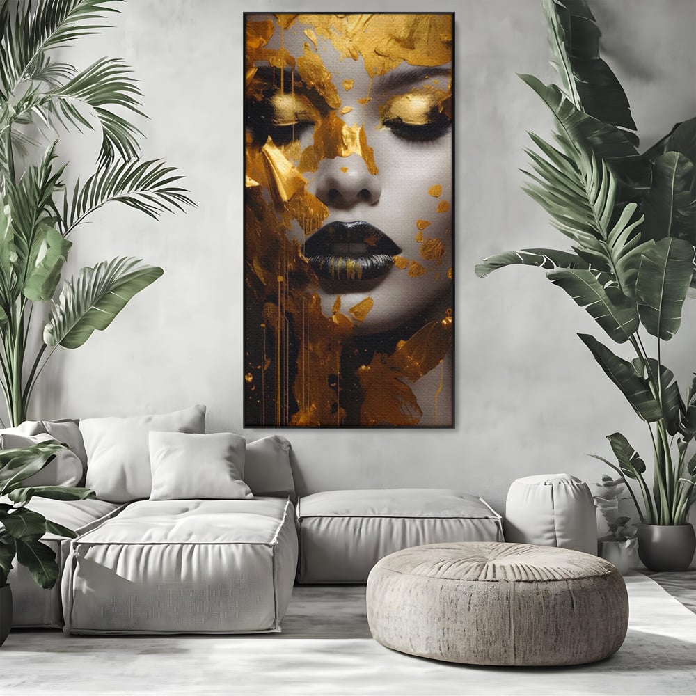 Tablou Canvas Premium LuxCanva® A1450, Privire Aurie , Decorativ, Living, Femeie, Gold, Foita De Aur, Culori Vibrante