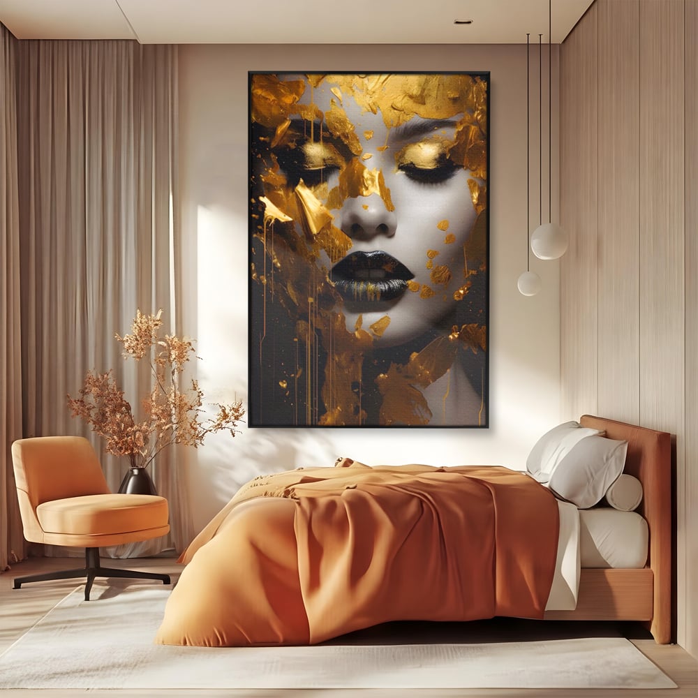 Tablou Canvas Premium LuxCanva® A1450, Privire Aurie , Decorativ, Living, Femeie, Gold, Foita De Aur, Culori Vibrante