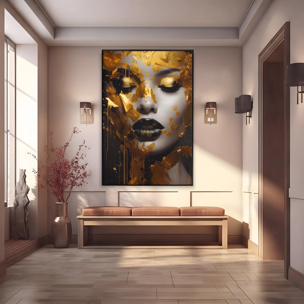 Tablou Canvas Premium LuxCanva® A1450, Privire Aurie , Decorativ, Living, Femeie, Gold, Foita De Aur, Culori Vibrante