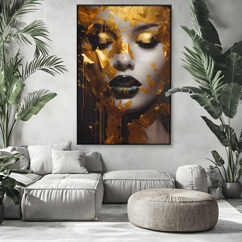 Tablou Canvas Premium LuxCanva® A1450, Privire Aurie , Decorativ, Living, Femeie, Gold, Foita De Aur, Culori Vibrante