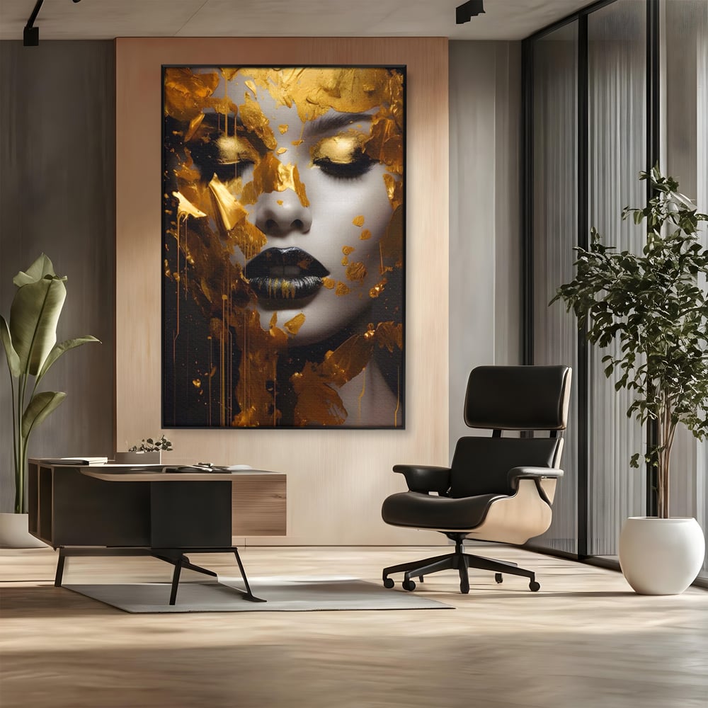 Tablou Canvas Premium LuxCanva® A1450, Privire Aurie , Decorativ, Living, Femeie, Gold, Foita De Aur, Culori Vibrante