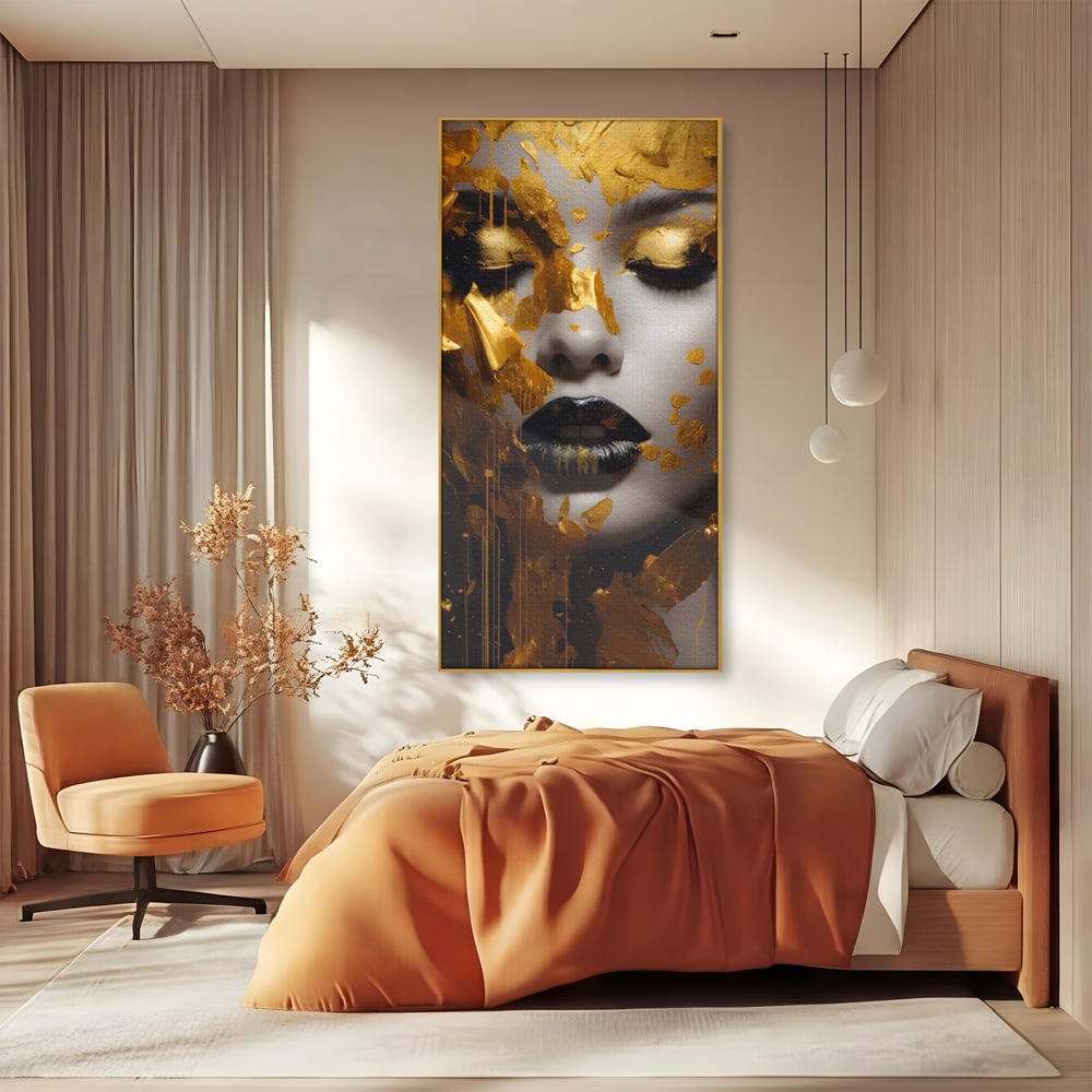 Tablou Canvas Premium LuxCanva® A1450, Privire Aurie , Decorativ, Living, Femeie, Gold, Foita De Aur, Culori Vibrante