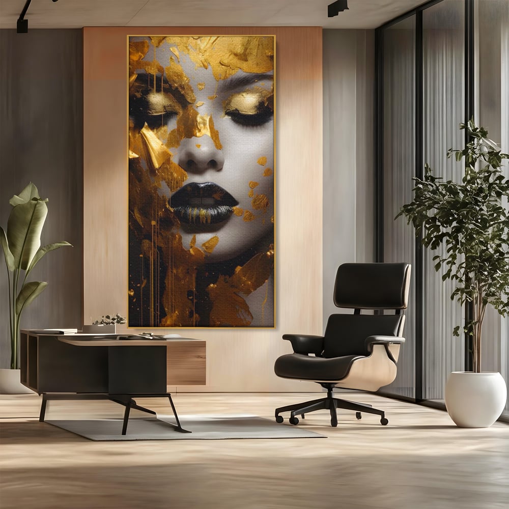 Tablou Canvas Premium LuxCanva® A1450, Privire Aurie , Decorativ, Living, Femeie, Gold, Foita De Aur, Culori Vibrante