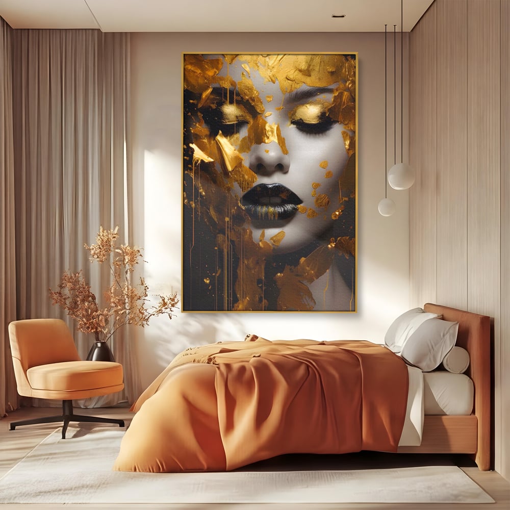 Tablou Canvas Premium LuxCanva® A1450, Privire Aurie , Decorativ, Living, Femeie, Gold, Foita De Aur, Culori Vibrante