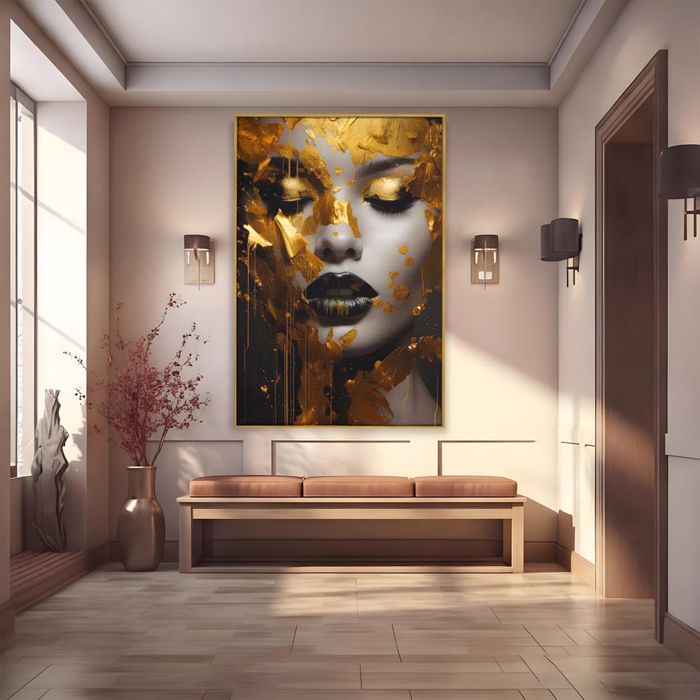 Tablou Canvas Premium LuxCanva® A1450, Privire Aurie , Decorativ, Living, Femeie, Gold, Foita De Aur, Culori Vibrante