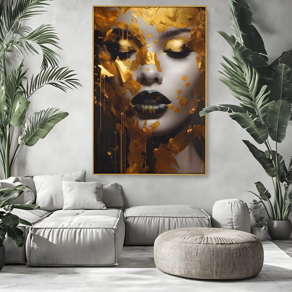 Tablou Canvas Premium LuxCanva® A1450, Privire Aurie , Decorativ, Living, Femeie, Gold, Foita De Aur, Culori Vibrante