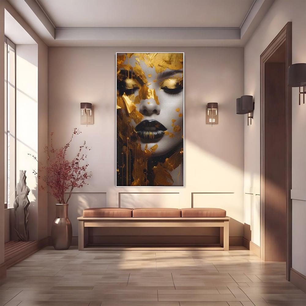 Tablou Canvas Premium LuxCanva® A1450, Privire Aurie , Decorativ, Living, Femeie, Gold, Foita De Aur, Culori Vibrante